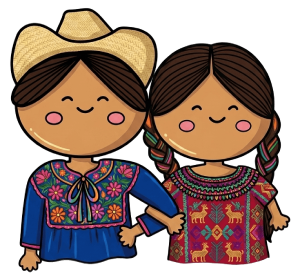 hombre con un sombrero agarrado de la mano con una mujer con trenzas y ropa colorida