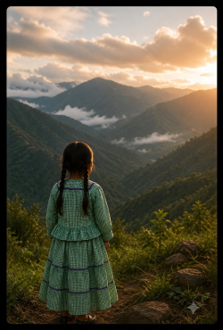 Ilustración de una niña con vestimenta tradicional de Magdalena Peñasco observando las montañas.