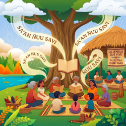 círculo de personas frente un árbol hablando, rodeados de la naturaleza