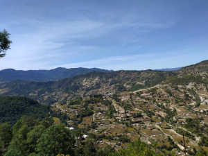 Vista panorámica del Cerro Gachupín bajo un cielo azul con nubes blancas y vegetación en primer plano