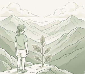 Ilustración de una niña observando las montañas.