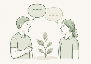 Ilustración de un hombre y una mujer platicando.