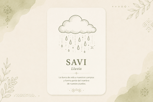 Ilustración de una nube con lluvia que representa la palabra mixteca "Savi" (lluvia).